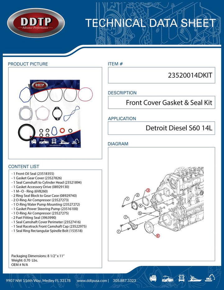 Complete Front Cover Gasket & Seal Kit for Detroit Diesel S60 14L