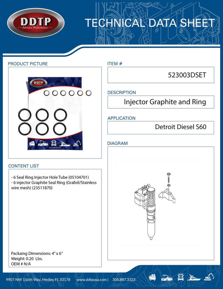 Injector Graphite and Seal Ring Lower for Detroit Diesel Engine Series 60 12.7L (Six Pack)