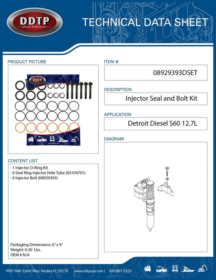 Injector Seal and Bolt Kit for Detroit Diesel Engine Series 60 12.7L Six Pack ( 08929393 )