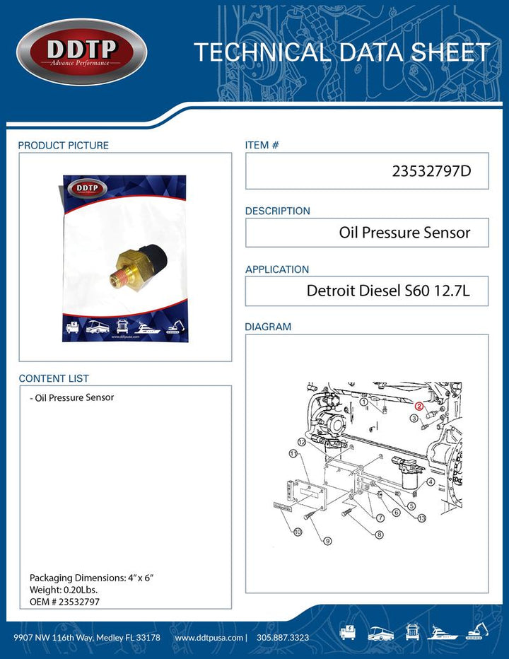 Engine Oil Pressure Sensor with Lock patch S50 & S60 12.7L (23511176, 23532797)