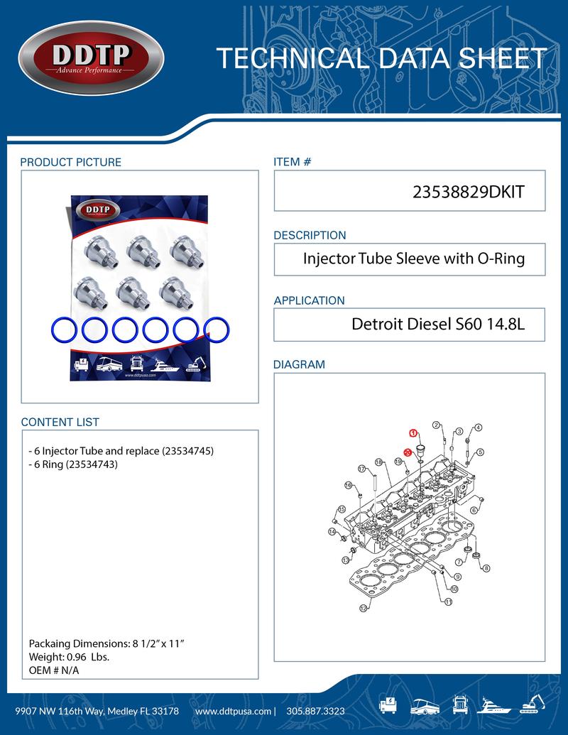 Injector Tube Sleeve (Steel) W/ O-Ring S60 14.8L Set of 6 ( 23538829 )