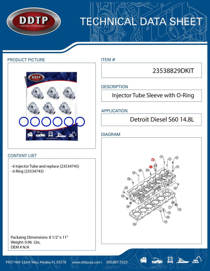 Injector Tube Sleeve (Steel) W/ O-Ring S60 14.8L Set of 6 ( 23538829 )