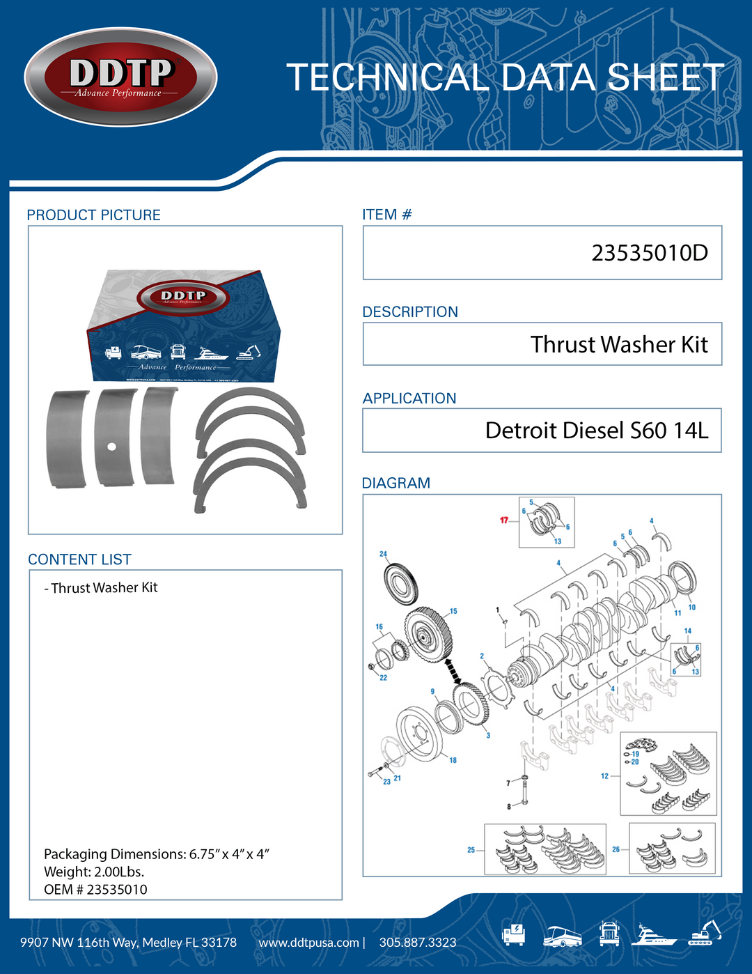 Engine Crankshaft Main Bearing & Thrust Washer Kit Detroit Diesel S60 14L (23535010)