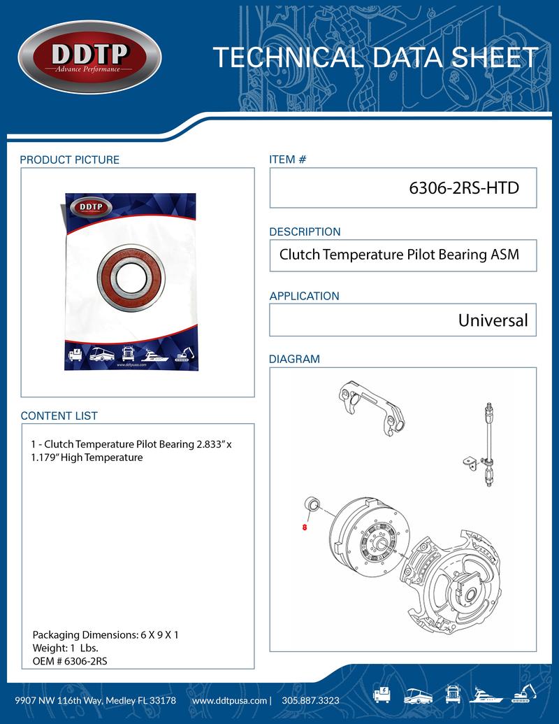 Clutch Temperature Pilot Bearing 2.833" x 1.179" High Temperature 46AX540, 5566505 ( 6306-2RS-HTD )