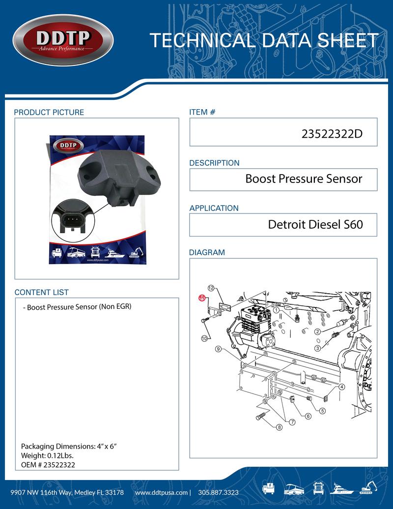 Engine Intake Manifold Boost Pressure Sensor Detroit Diesel S60 12.7L (Non EGR)