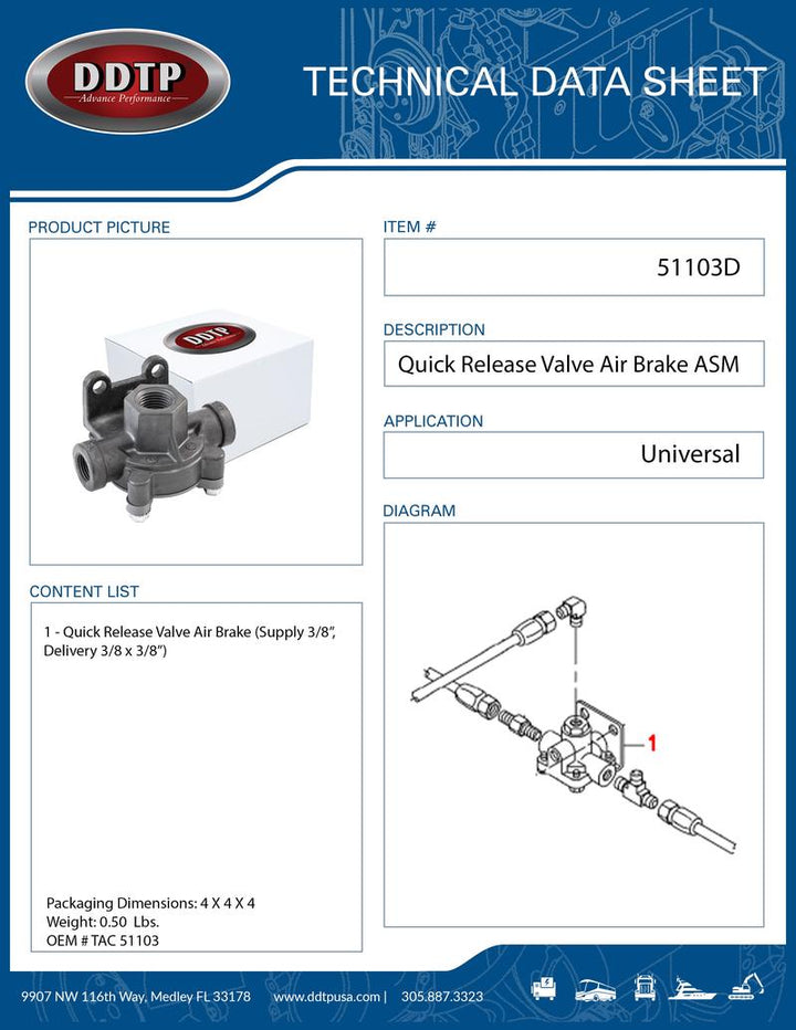 Válvula de liberación rápida de suministro de 3/8", entrega de 3/8 x 3/8" para freno de aire (51103D)