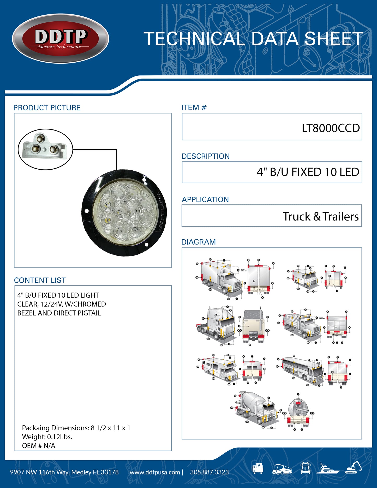 Light 4" F/T/P Fixed 10 LED Light Clear, 12/24V, W/Chromed Bezel And Direct Pigtail