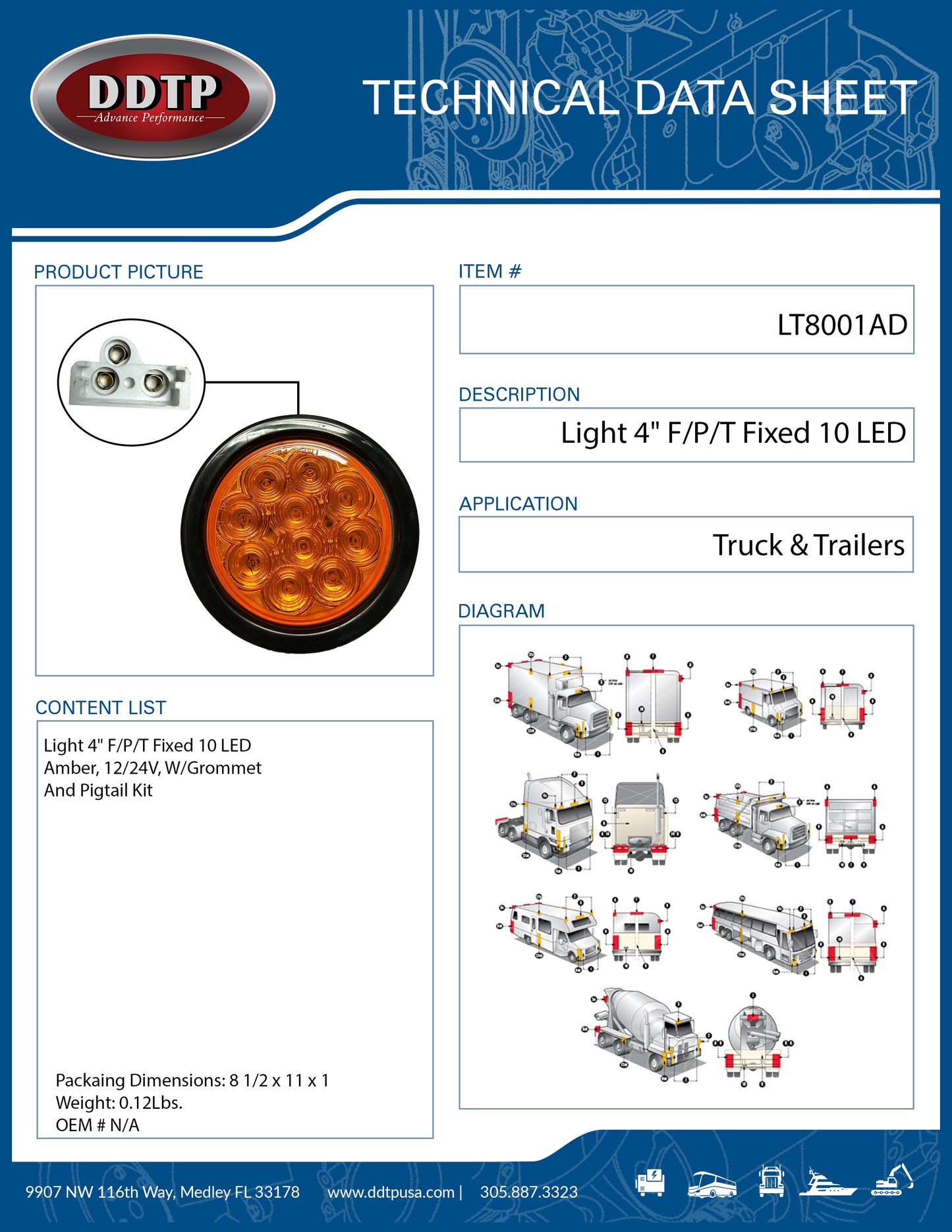Light 4" F/P/T Fixed 10 LED Amber, 12/24V, W/Grommet And Pigtail Kit