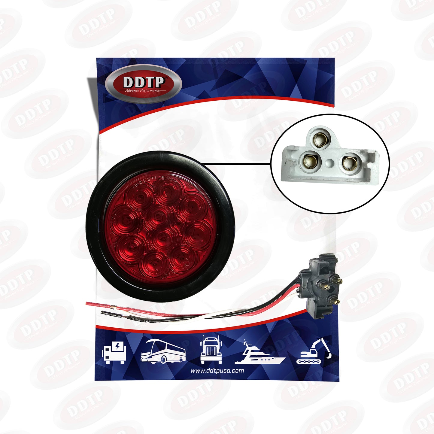 Light 4" F/P/T Fixed 10 LED Red, 12/24V, W/Grommet And Pigtail Kit