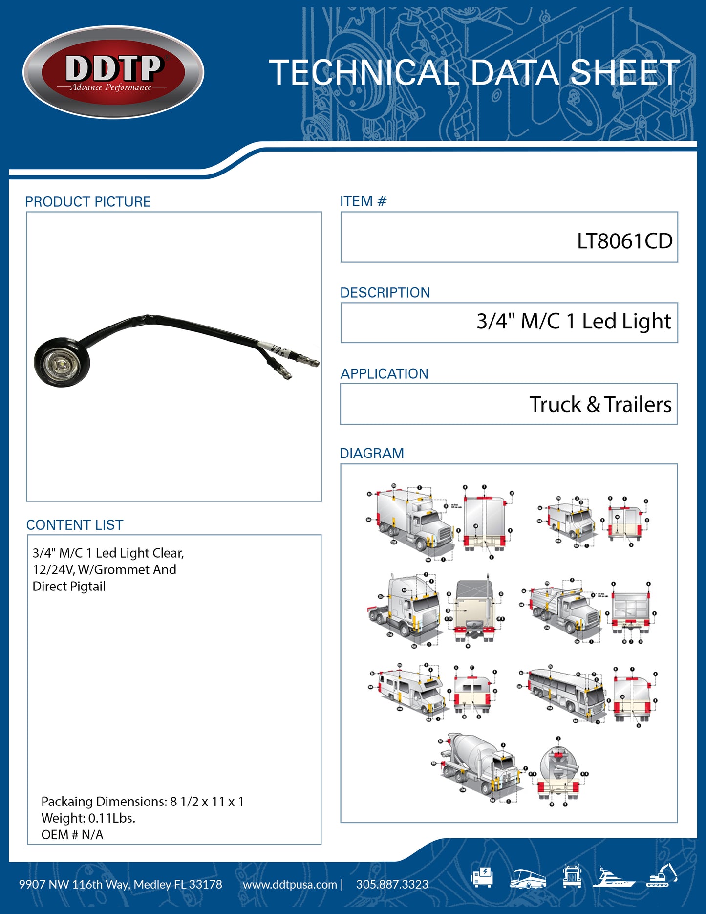 3/4" M/C 1 Led Light Clear, 12/24V, W/Grommet And Direct Pigtail