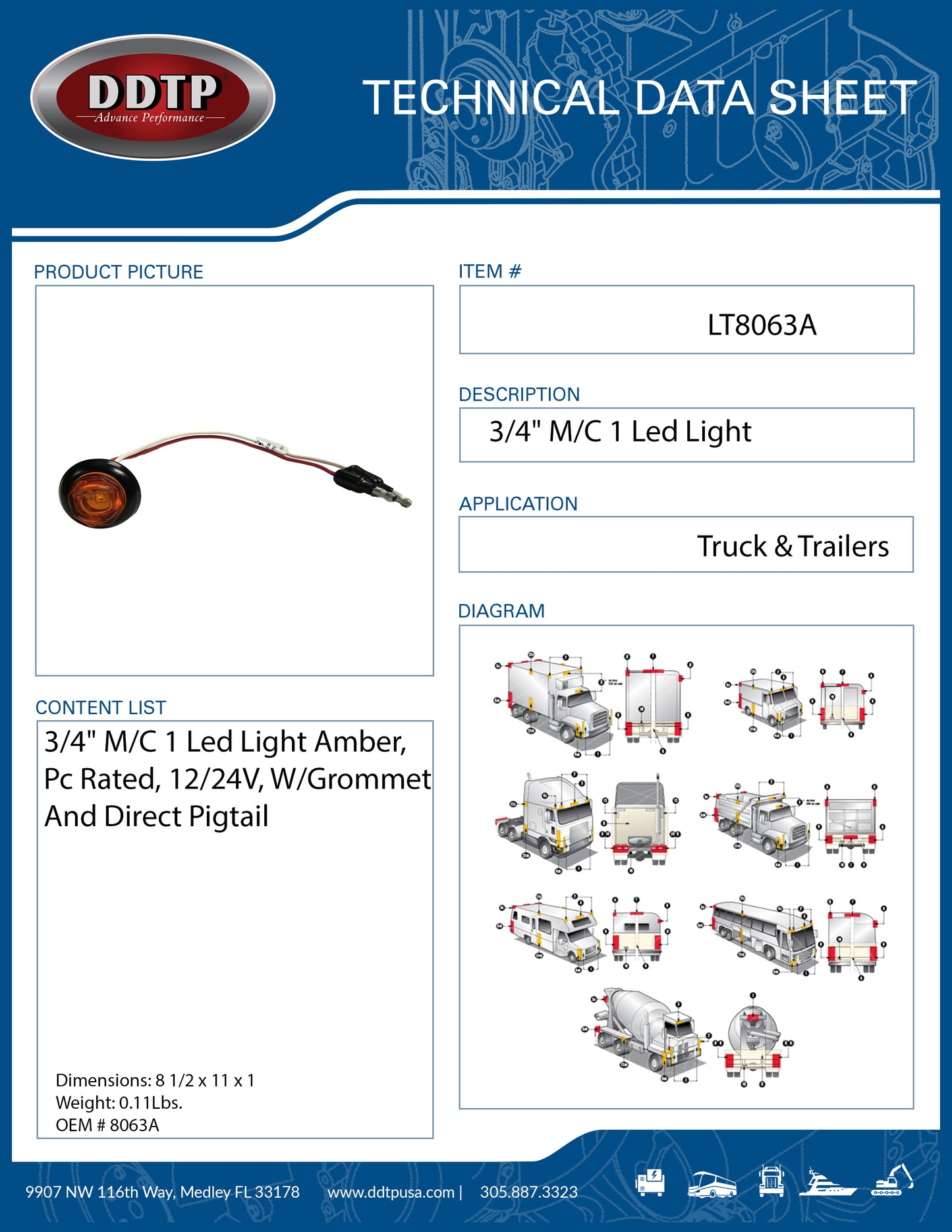 3/4" M/C 1 Led Light Amber, Pc Rated, 12/24V, W/Grommet And Direct Pigtail