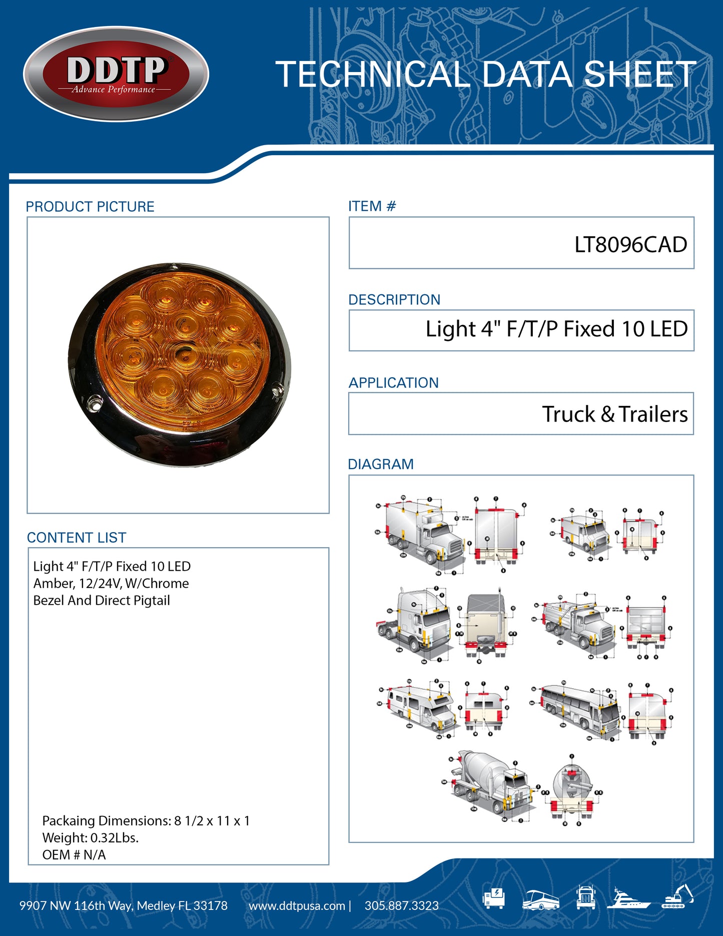 Light 4" F/T/P Fixed 10 LED Amber, 12/24V, W/Chrome Bezel And Direct Pigtail