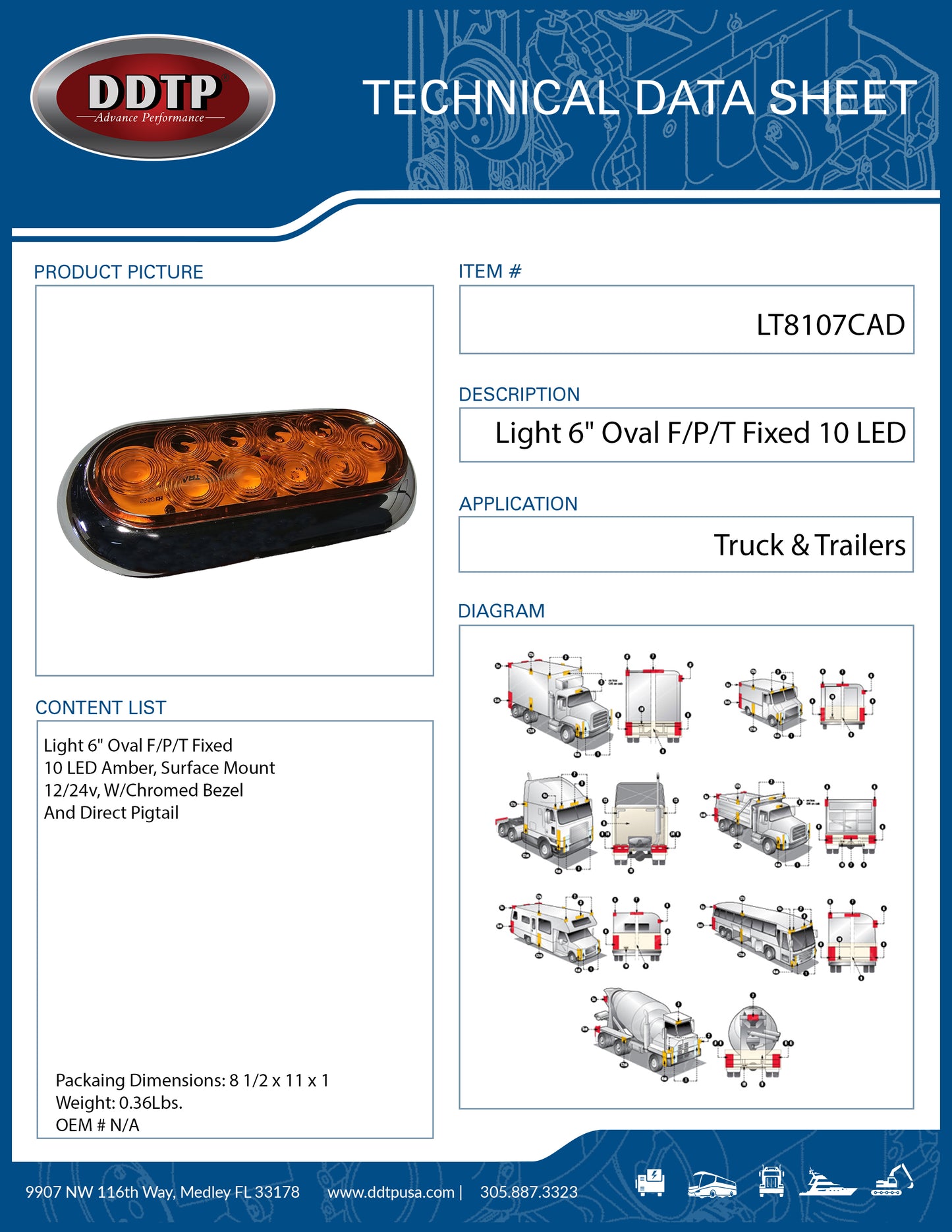 Light 6" Oval F/P/T Fixed 10 LED Amber, Surface Mount, 12/24v, W/Chromed Bezel And Direct Pigtail