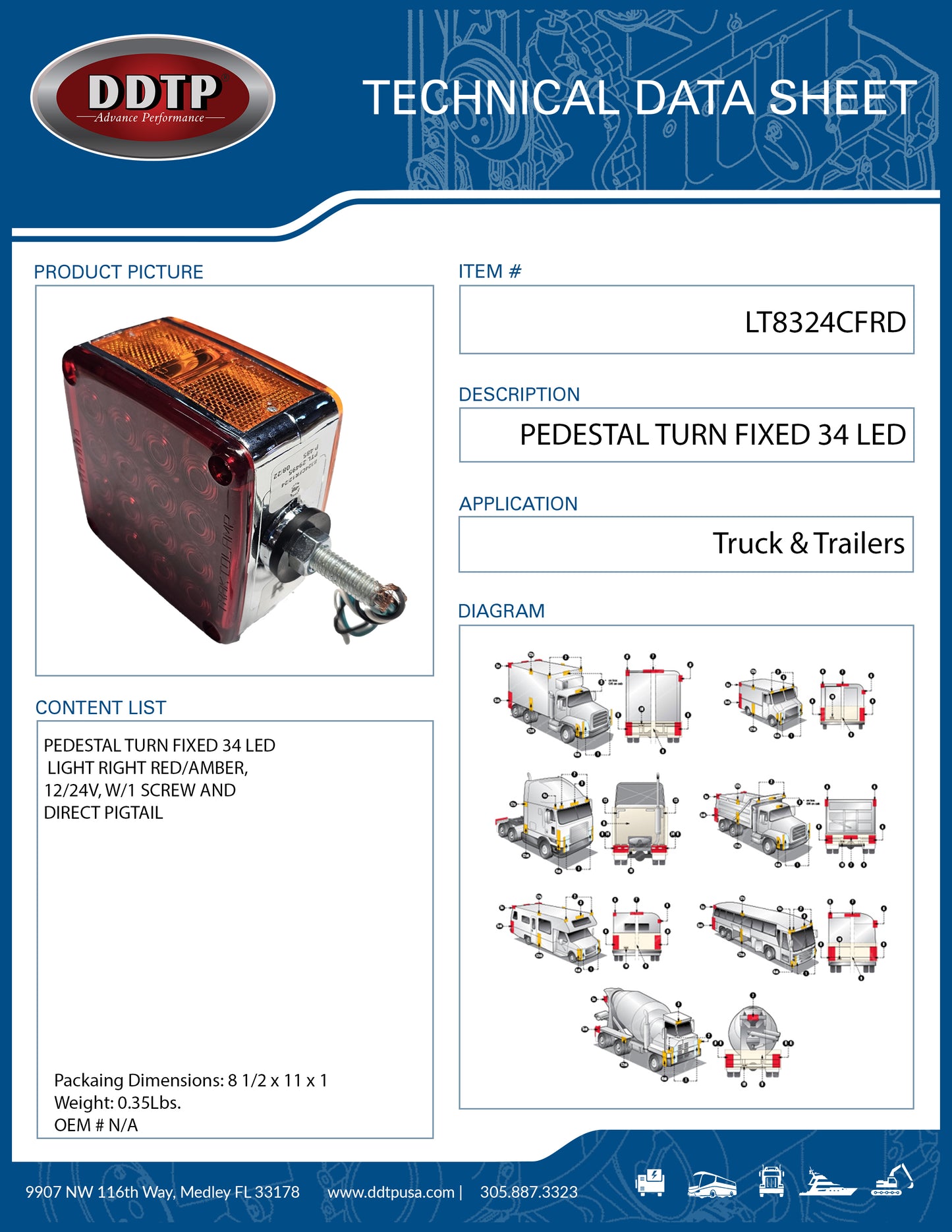 Light Square Double Face Pedestal Turn Fixed 34 LED Right Red/Amber, 12/24V, W/1 Screw And Direct Pigtail