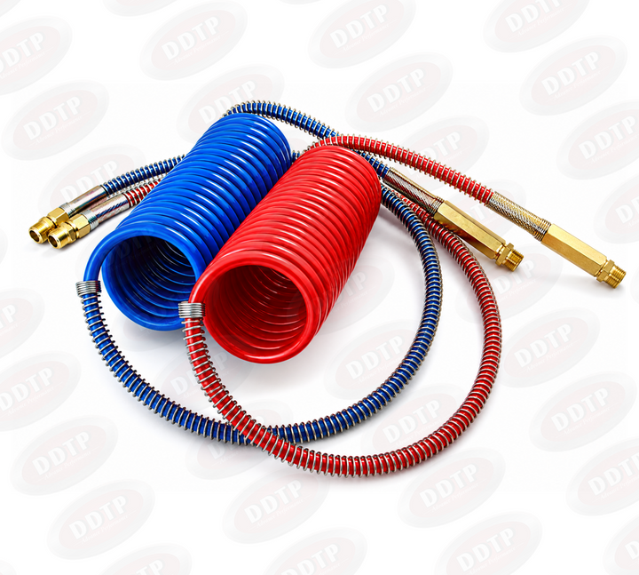 15FT Coiled Air Brake Line Set 1/2" NPT, 40" Leads (Red & Blue)