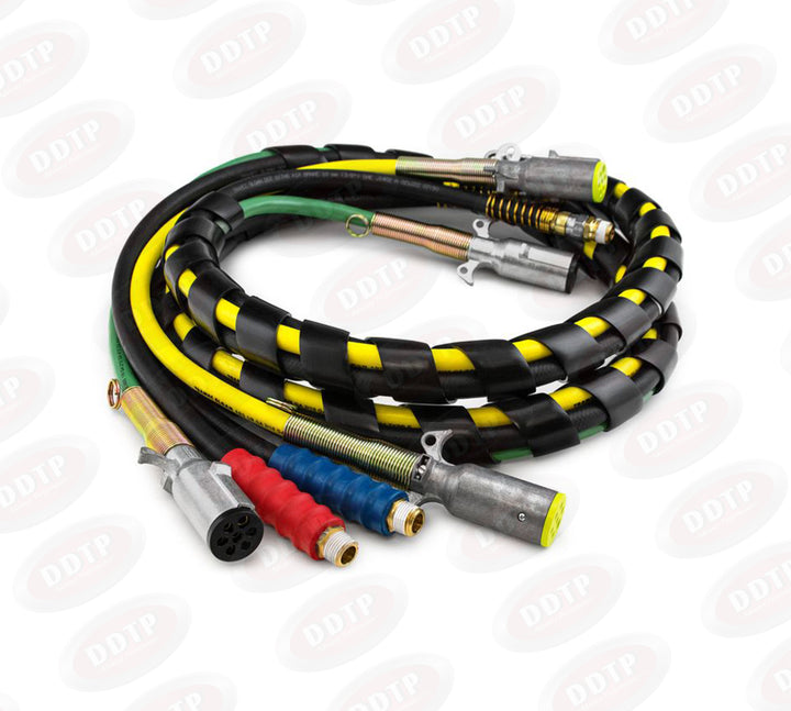 4 In 1 Wrap 12' Two 3/8" Rubber Hoses with Sprigns Fittings and Grips One 7-Way ABS Electrical Cable and One Yellow ISO Cable ( 451122D )