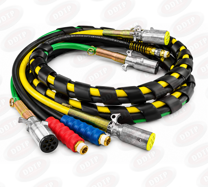 Envoltura 4 en 1 de 12 pies. Dos mangueras de goma de 3/8" con resortes, accesorios y agarraderas. Un cable eléctrico ABS de 7 vías y un cable ISO amarillo (451122D).