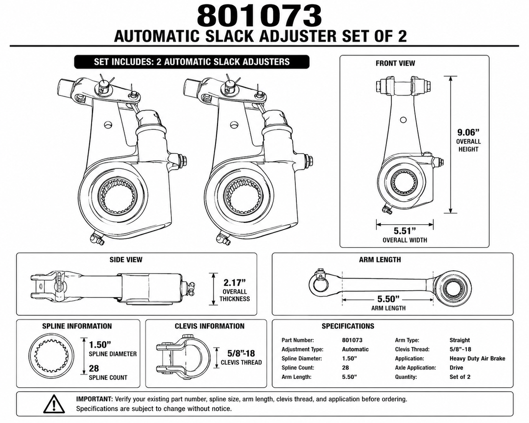 Automatic Slack Adjuster Set of 2 | 1.5" 28-Spline | 5.5" Arm (801073)