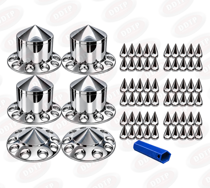 Semi Truck Wheel Chrome Cover Full Set Cone Top 2 Front &amp; 4 Rear with Lug Nut Covers