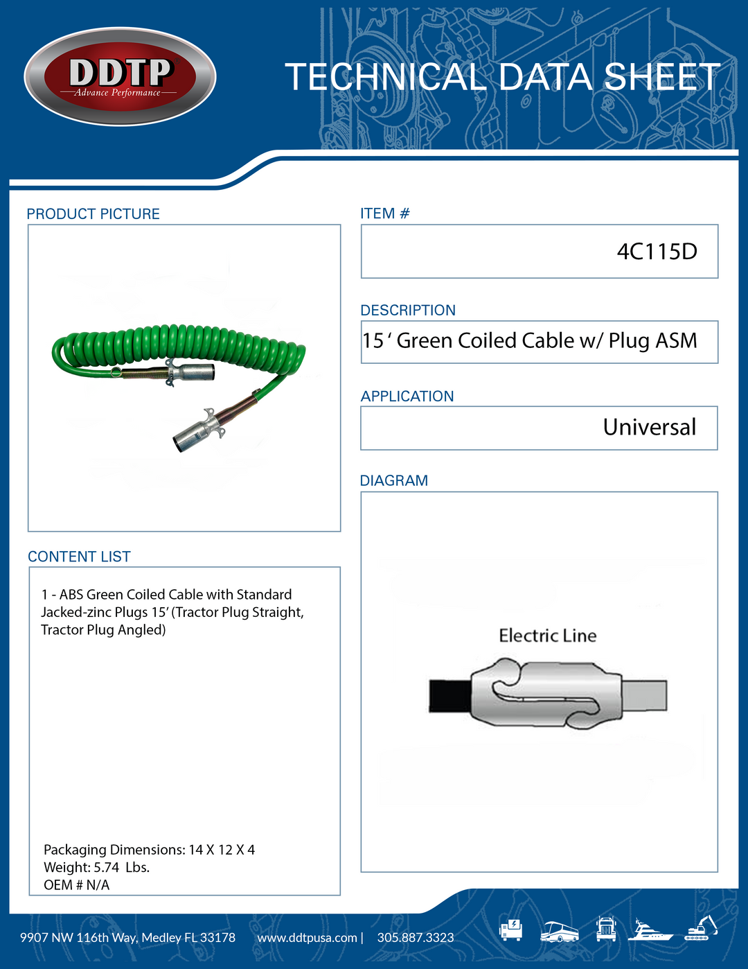 ABS Green Coiled Cable with Standard Jacked-zinc Plugs 15' Tractor Plug Straight, Trailer Plug Angled ( 4C115D )