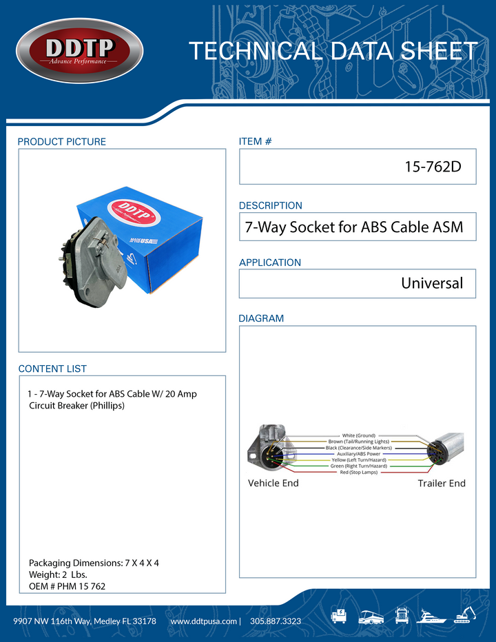 7-way Socket for ABS Cable W/ 20 Amp Circuit Breaker Phillips ( 15-762D )