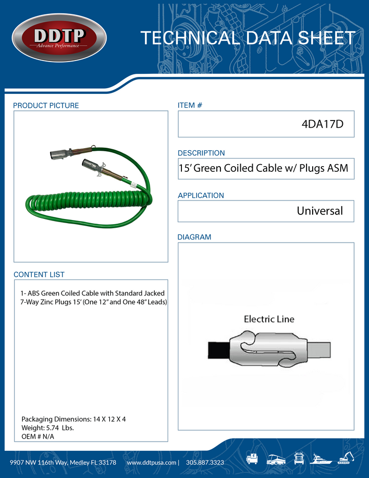 ABS Green Coiled Cable with Standard Jacked 7-Way Zinc Plugs 15' One 12" and One 48" Leads ( 4DA17D )