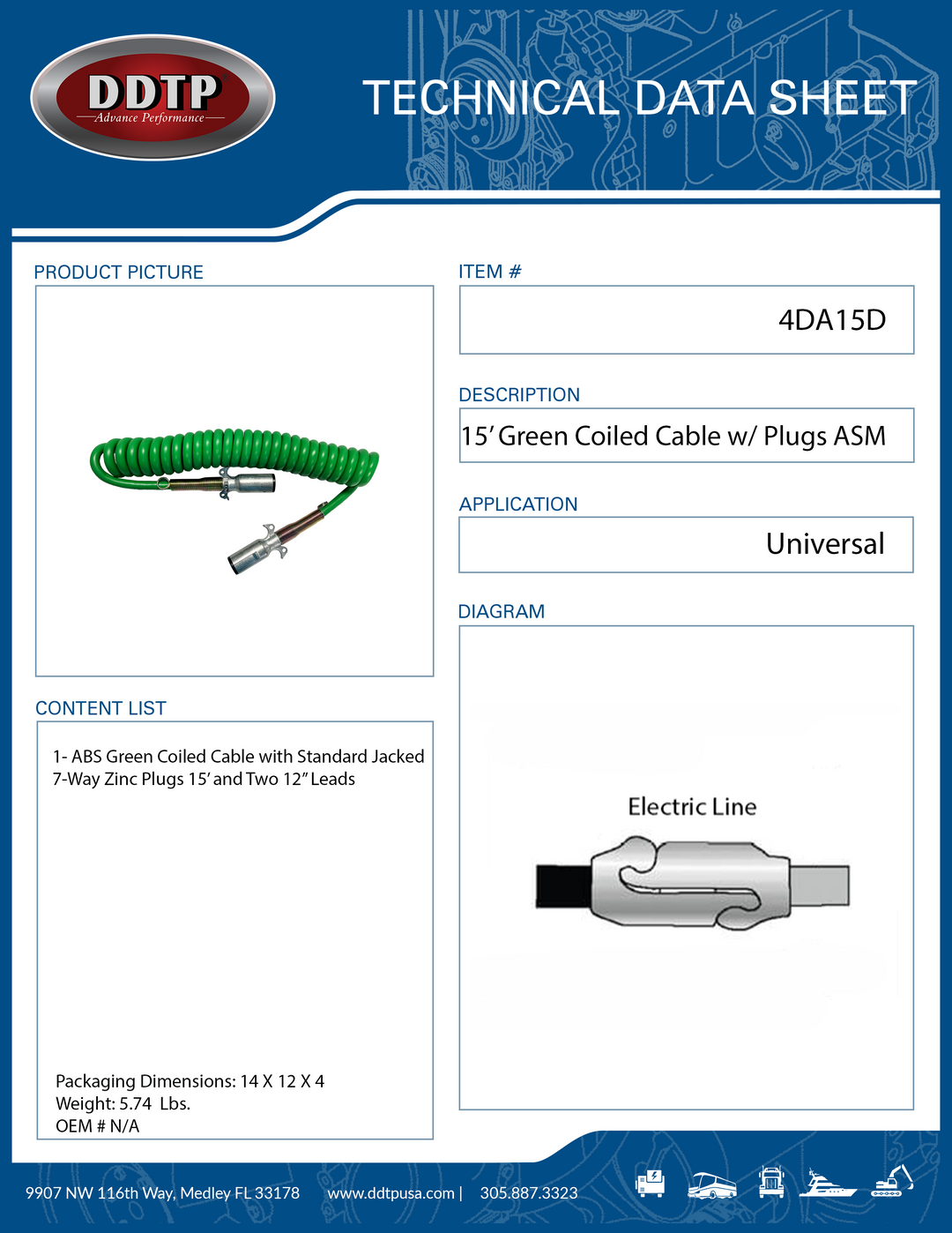 ABS Green Coiled Cable with Standard Jacked 7-Way Zinc Plugs 15' and Two 12" Leads ( 4DA15D )