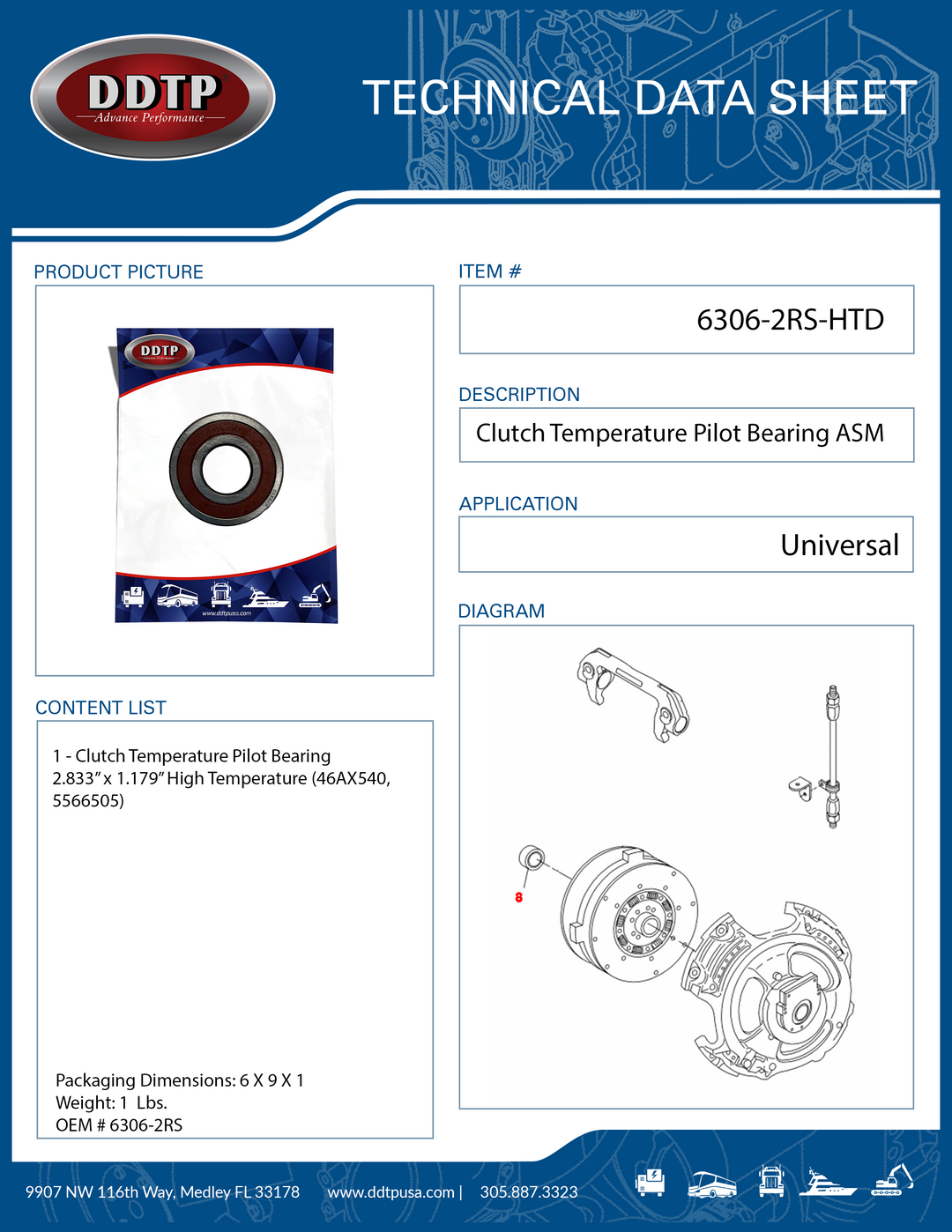 Clutch Temperature Pilot Bearing 2.833" x 1.179" High Temperature 46AX540, 5566505 ( 6306-2RS-HTD )