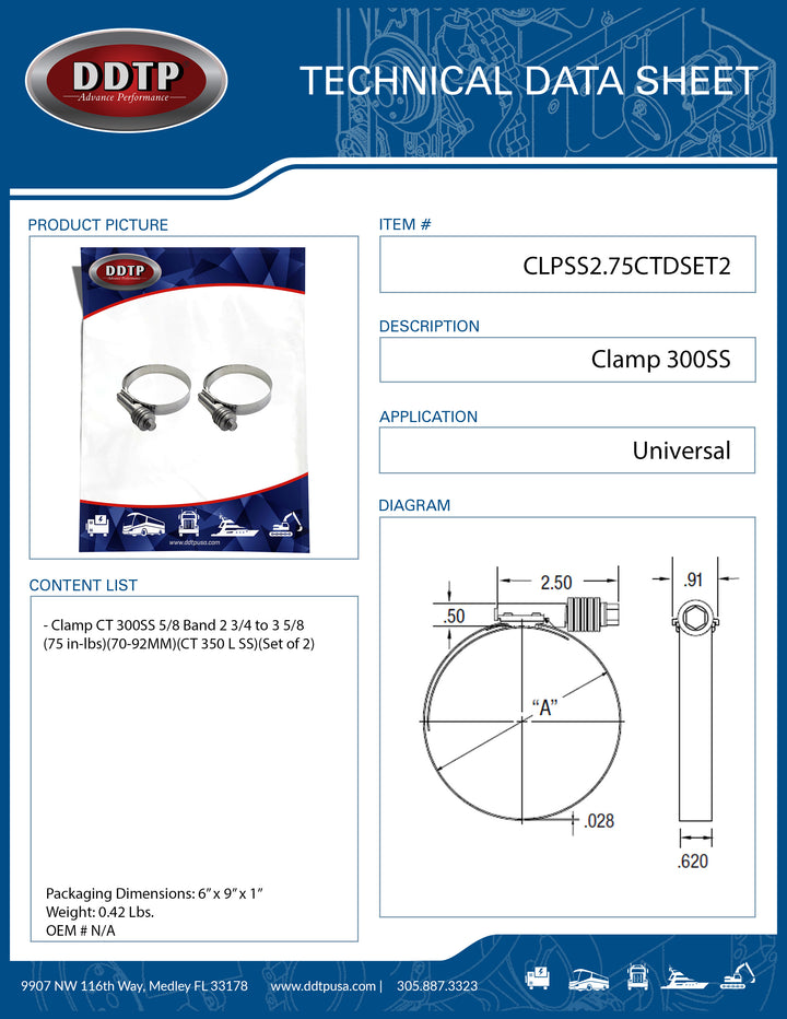 Clamp CT 300SS 5/8 Band 2 3/4 to 3 5/8 (75 in-lbs)(70-92MM)(CT 350 L SS)(Set of 2)
