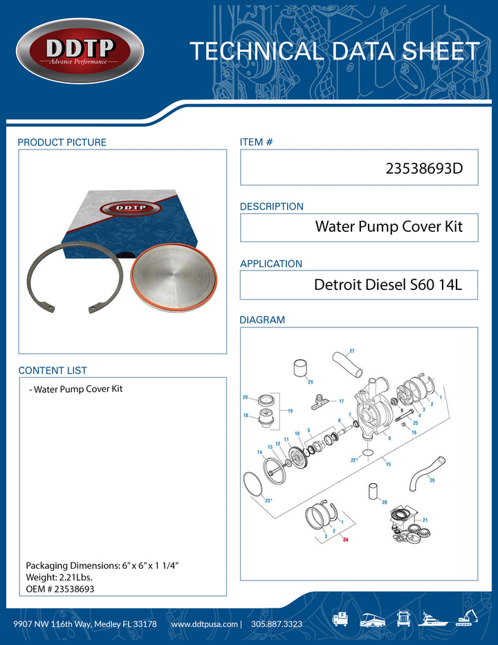 Kit de tapa de bomba de agua Detroit Diesel S60 14L (23538693)