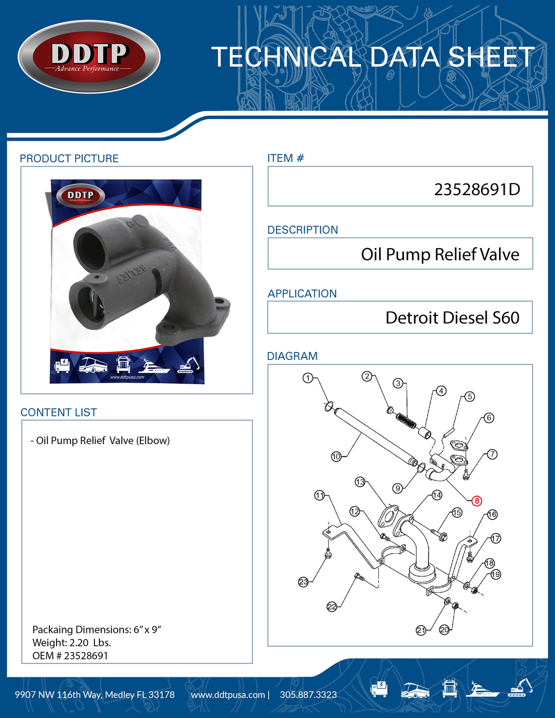Oil Pump Relief Valve Elbow ASM Detroit Diesel S60 (23528691)