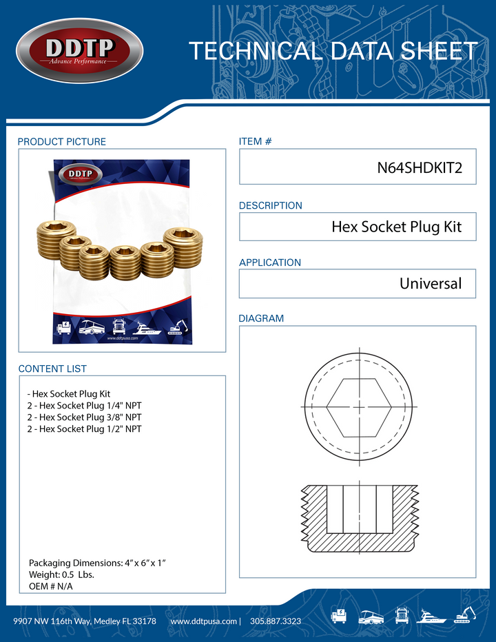 Kit de tapón de enchufe hexagonal (2 - 1/4" + 2 - 3/8" + 2 - 1/2") NPT
