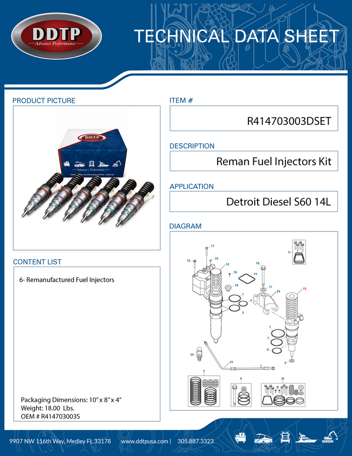 Set of 6 Fuel Injector for Detroit Diesel S60 14L