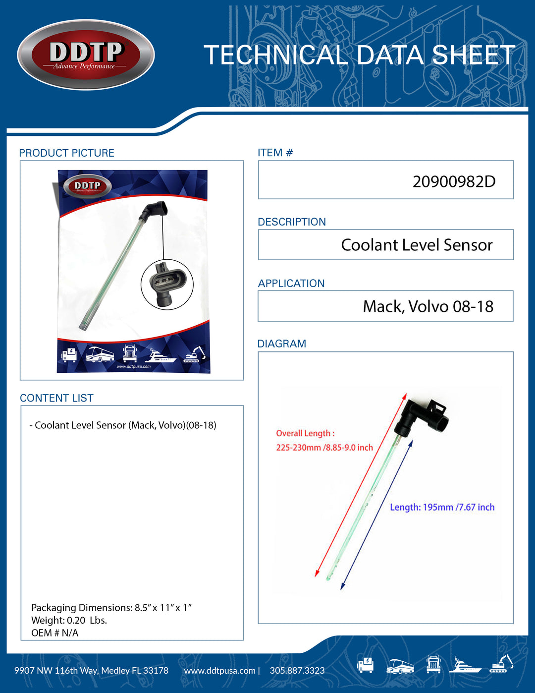 Coolant Level Sensor (Mack, Volvo)(08-18)