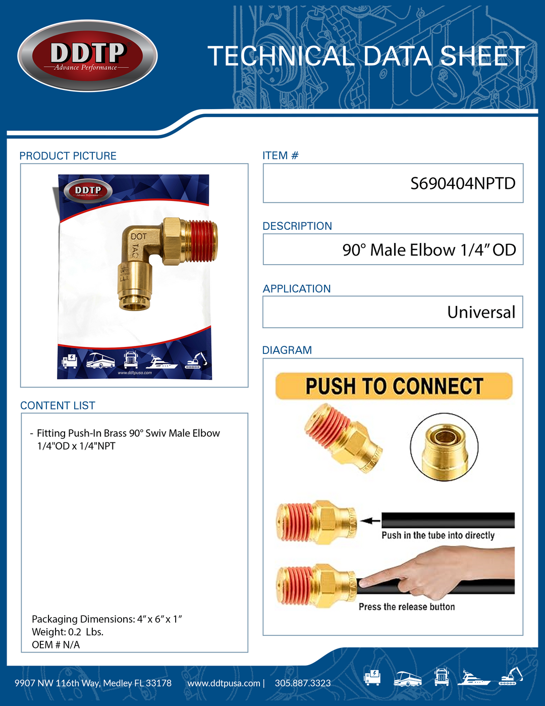 Codo macho de 90° de 1/4” de diámetro exterior x 1/4" NPT