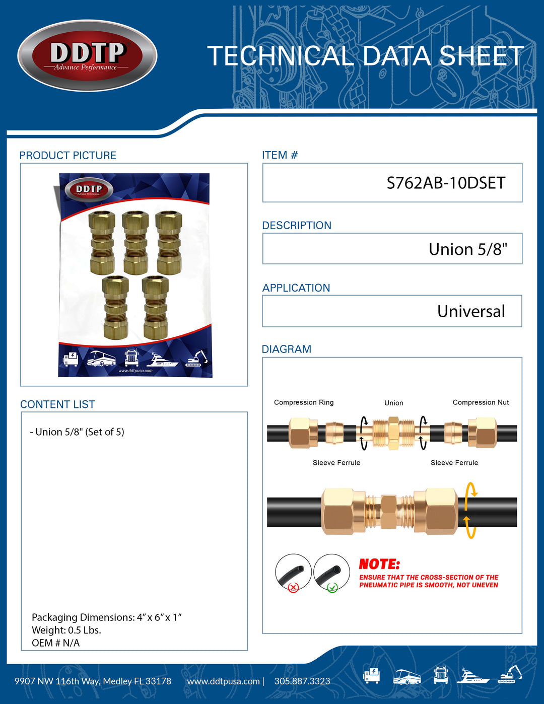 Brass Union Fitting 5/8" (Set of 5)