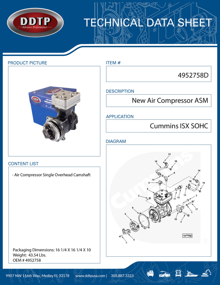 New Air Compressor, Cummins ISX SOHC (4952758, 3681904, 3103413, 4318216, 9111535100)