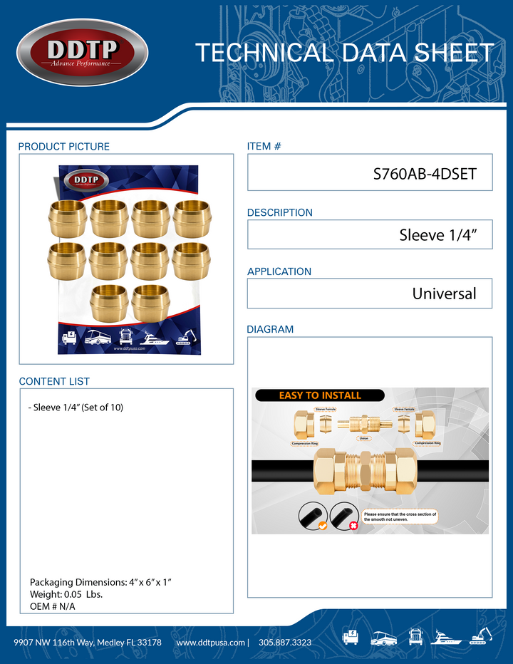 Brass Nylon Tube Sleeve 1/4" (Set of 10)