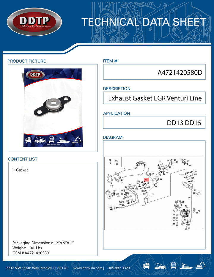 Exhaust Gasket EGR Venturi Line DD13, DD15 (A4721420580)