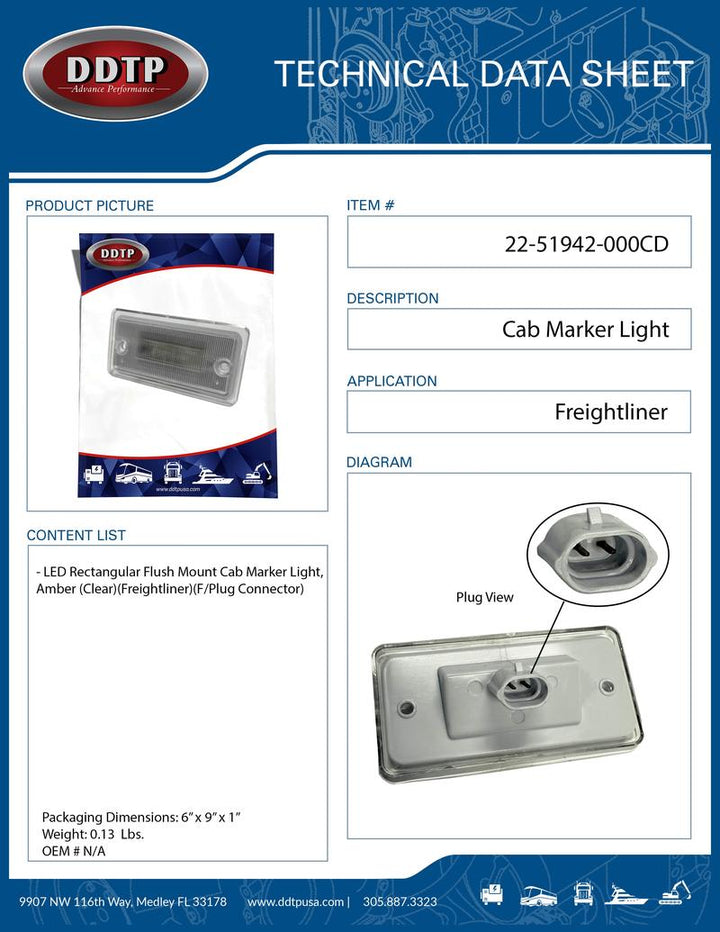 Clear LED Cab Marker Light, Rectangular Flush Mount (Female Plug Connector)(Freightliner)