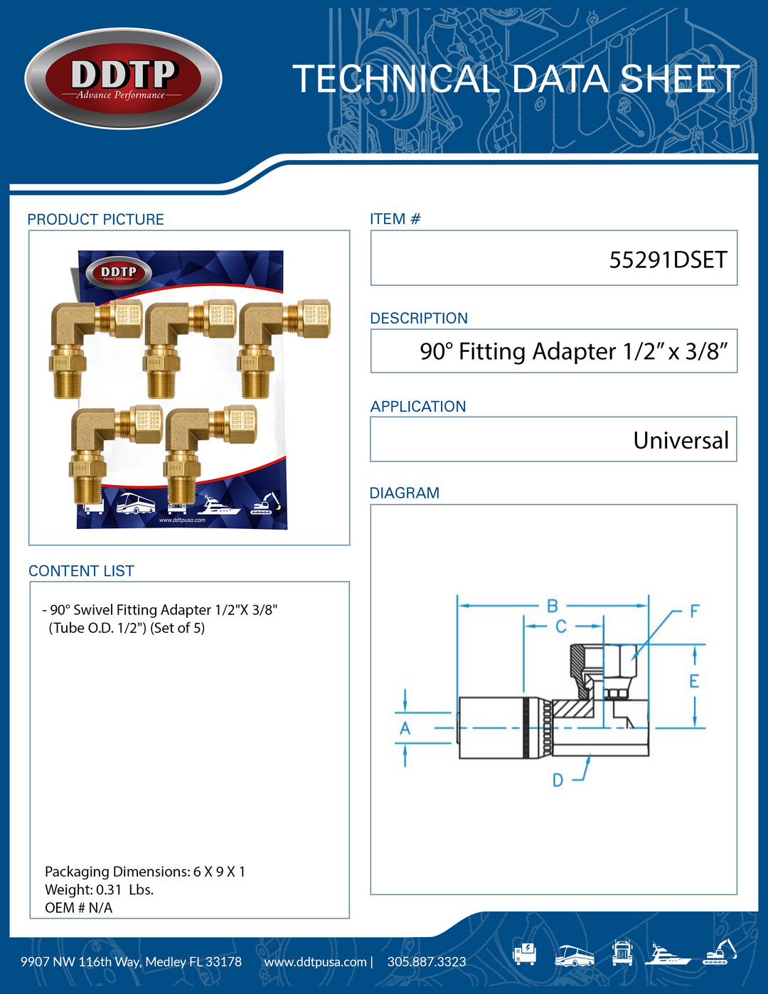 90° Swivel Fitting Adapter Male 1/2" OD x 3/8" NPT (Set of 5)