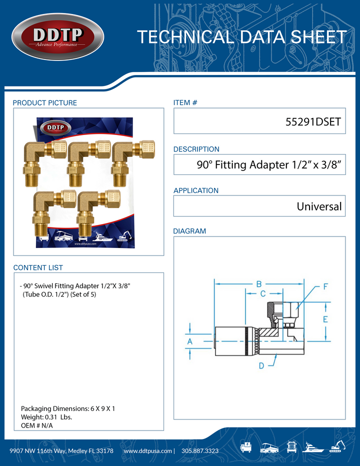 90° Swivel Fitting Adapter Male 1/2" OD x 3/8" NPT (Set of 5)