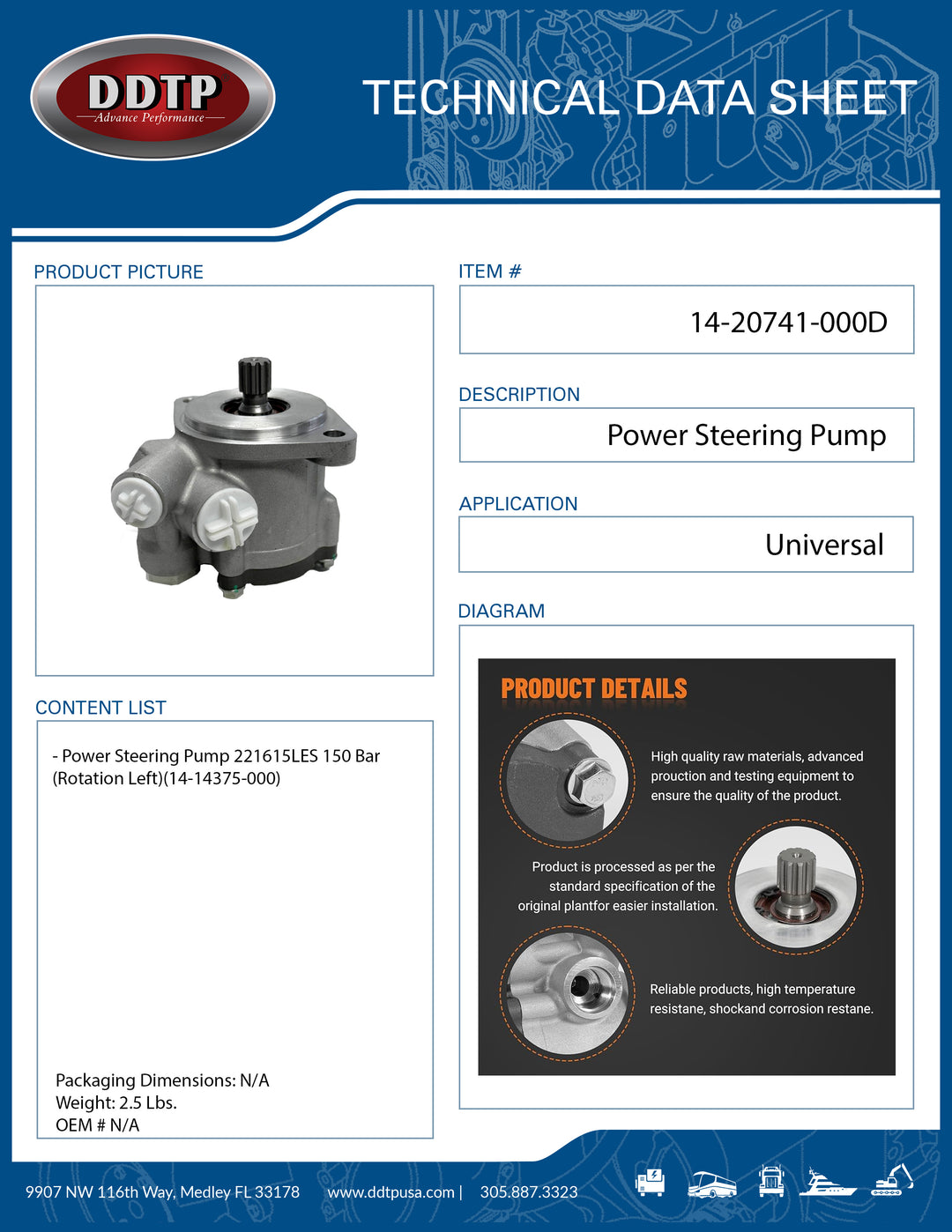 Power Steering Pump 221615LES 150 Bar (Rotation Left)(14-14375-000)