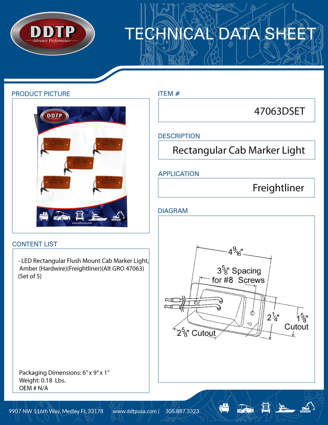 Amber LED Rectangular Flush Mount Cab Marker Light(Hardwire)(Freightliner)(Set of 5)