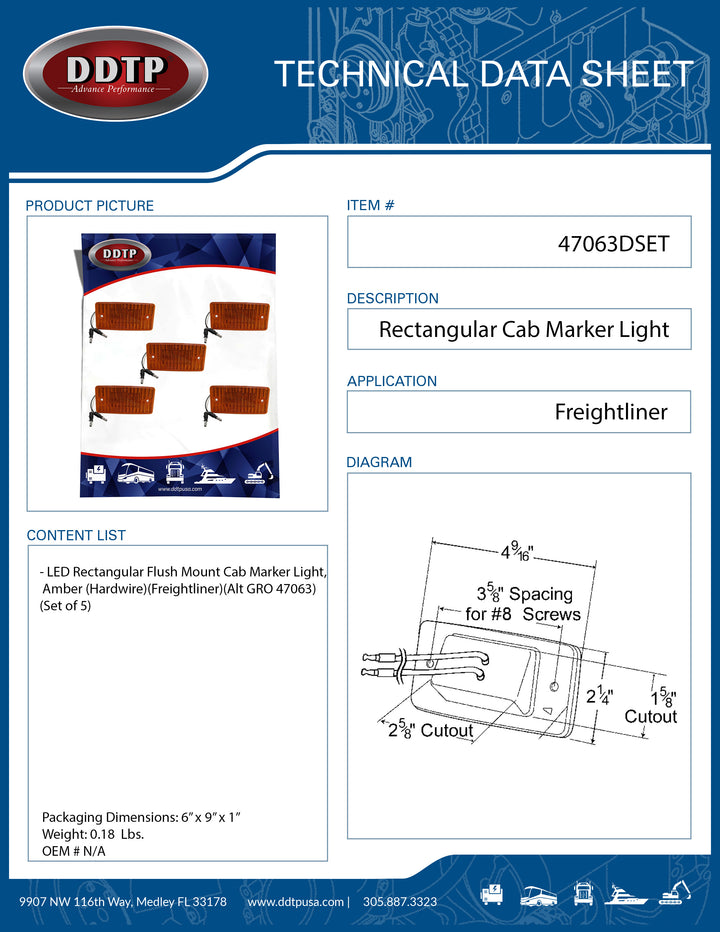 Amber LED Rectangular Flush Mount Cab Marker Light(Hardwire)(Freightliner)(Set of 5)