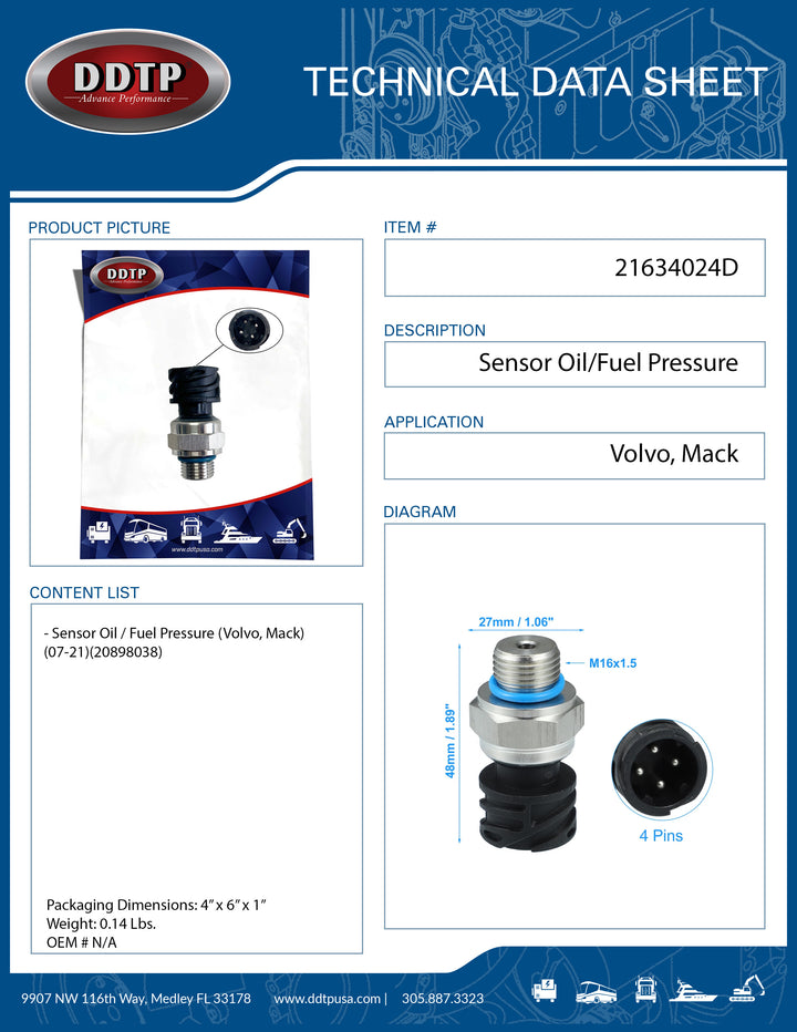 Sensor Oil / Fuel Pressure (Volvo, Mack)(07-21)(20898038)