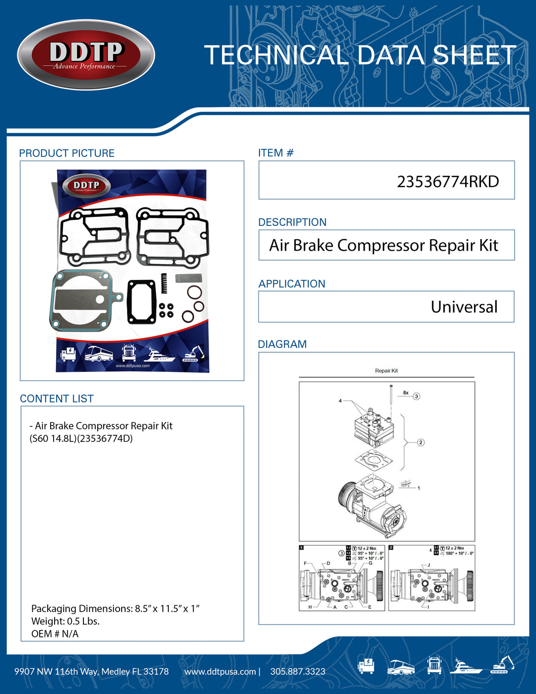 Air Brake Compressor Repair Kit (S60 14.8L)(23536774D)