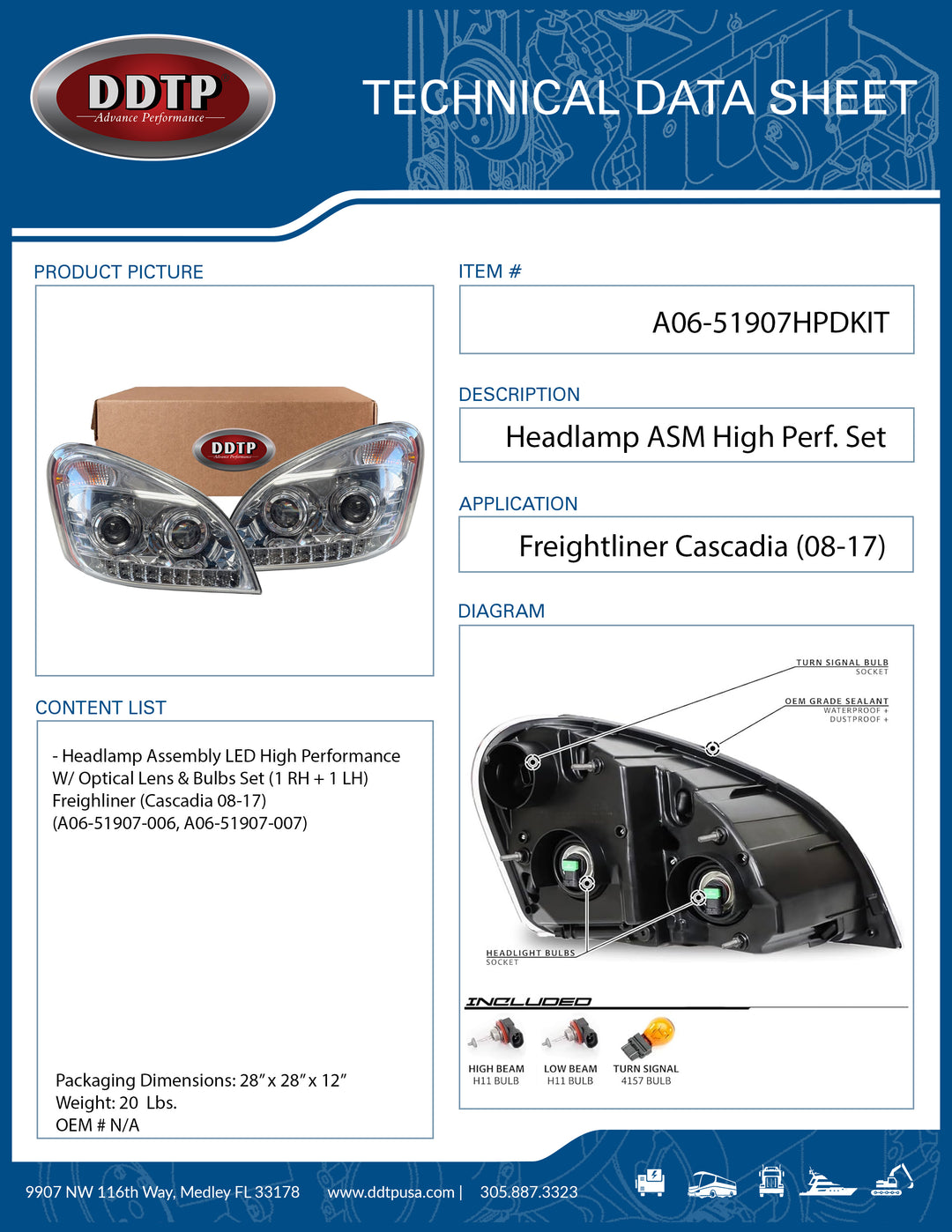 Headlamp LED High Performance W/ Optical Lens & Bulbs Set (1 RH + 1 LH)(Cascadia 08-17)(A06-51907-006, A06-51907-007)