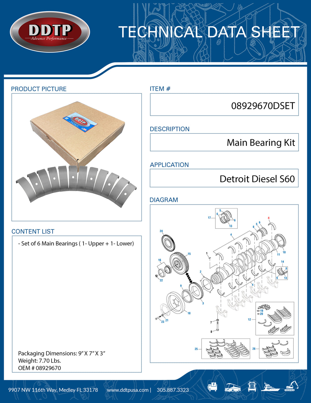 Set of 6 Crankshaft Main Bearings Set Detroit Diesel S60  (08929670)