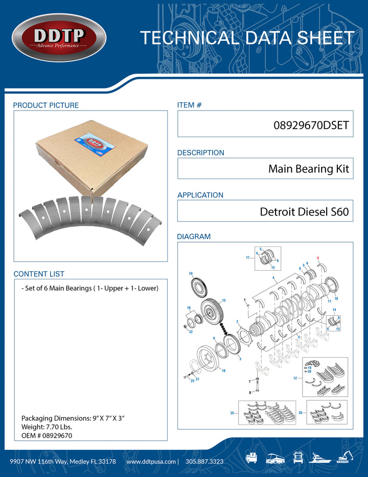 Set of 6 Crankshaft Main Bearings Set Detroit Diesel S60  (08929670)